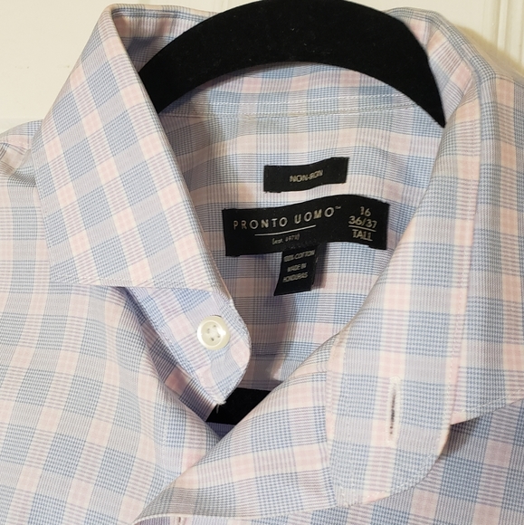 Pronto Uomo Men's Blue Plaid Slim Fit Non Iron Dress Shirt Size 16 36/37 Tall - Picture 11 of 12
